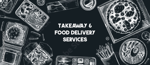 Takeaway and food delivery frame. Hand drawn vector illustration on chalkboard. Takeout food in paper box, fast food menu design. Pizza, burger, coffee, noodles, poke, sushi sketch