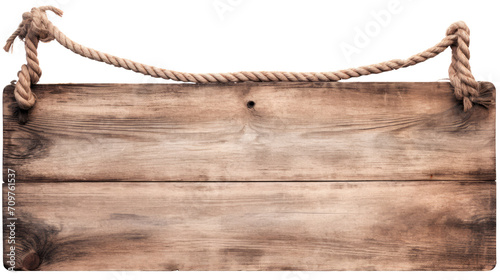 Old weathered wood signboard hanging. Isolated on transparent background, PNG photo