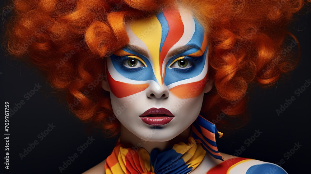 Portrait of a red-haired charming woman with a painted face art