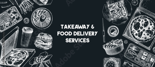 Takeaway and food delivery frame. Hand drawn vector illustration on chalkboard. Takeout food in paper box, fast food menu design. Pizza, burger, coffee, noodles, poke, sushi sketch
