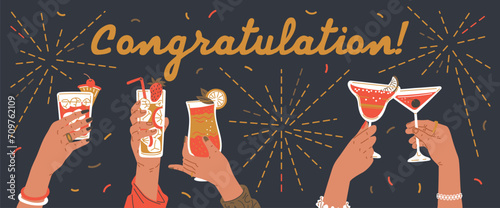 People toasting and drinking cocktails banner.