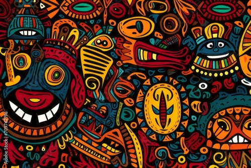 Cartoon cute doodles illustrating African tribal symbols and patterns, seamlessly combined to create a vibrant and culturally rich seamless backdrop, Generative AI