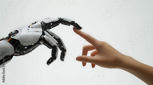Robot/ai finger tip touching human hand fingertip with index finger, white backround photo
