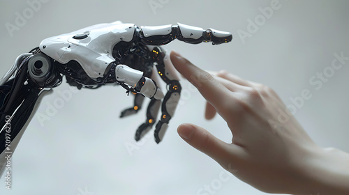 Robot/ai finger tip touching human hand fingertip with index finger, white backround © LiezDesign