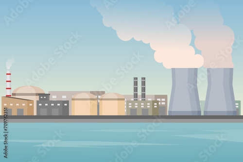 Nuclear power plant area beside the sea. Renewable energy. Vector illustration. photo