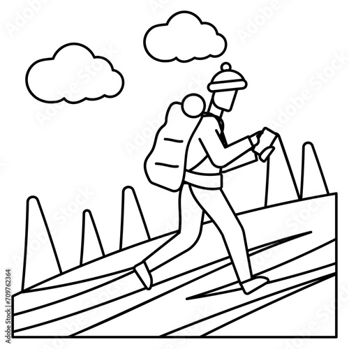 Hiker or Backpacker Concept, Trekking Vector Design, Wandering and LeisureSymbol, Touring and Pleasure Sign, Odyssey and Escapade Stock, Long Cross Country vigorous walk illustration, 