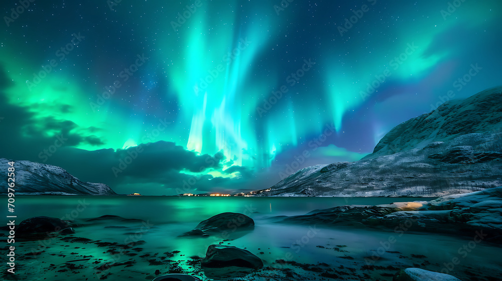 aurora borealis in the mountains, forest and lake. - 
The awe-inspiring sight of auroras in the night sky, witnessed firsthand.