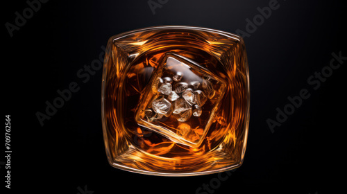 Glass of whiskey with ice on black stone table. Top view with copy space