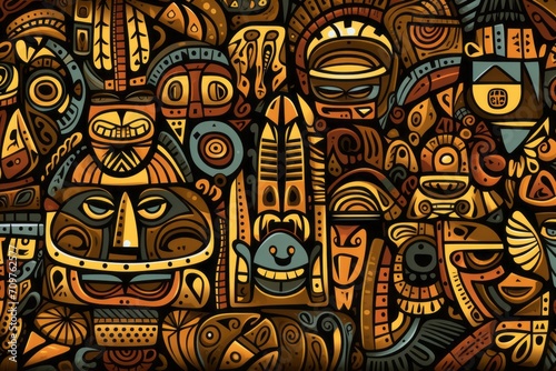 Cartoon cute doodles of traditional African tribal art elements  intricately combined to form a detailed and symbolic seamless pattern  Generative AI
