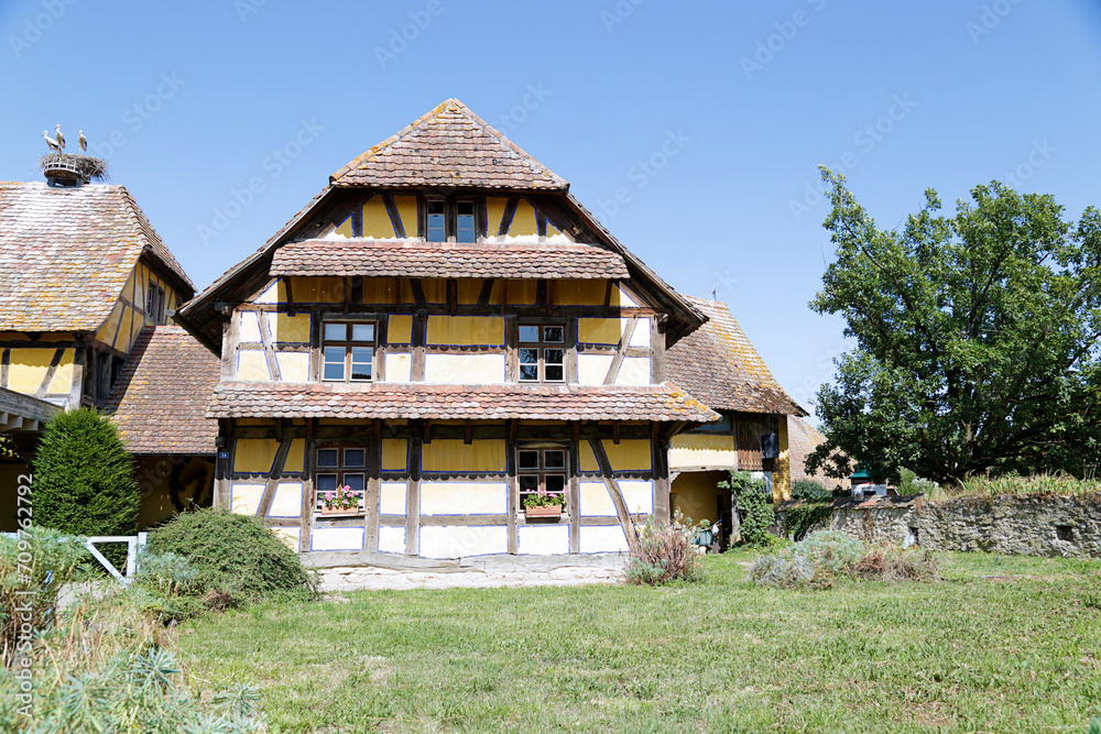 Obraz premium Detail of the facade of a historic half-timbered house Alsace, France