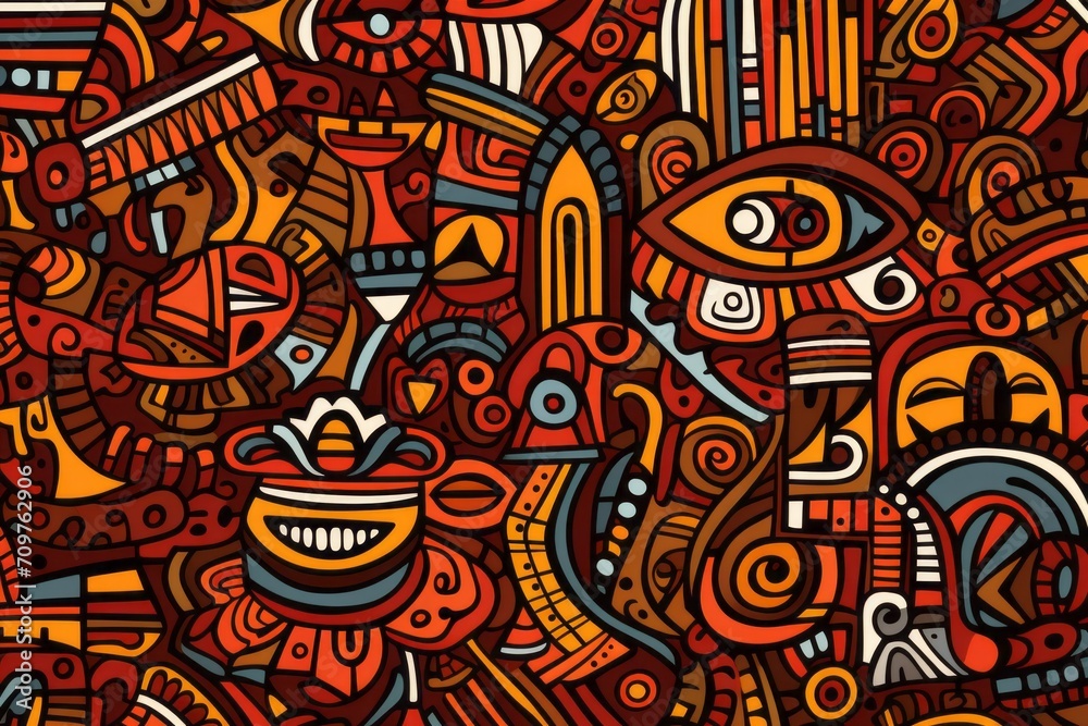 Cartoon cute doodles of traditional African tribal art elements, intricately combined to form a detailed and symbolic seamless pattern, Generative AI