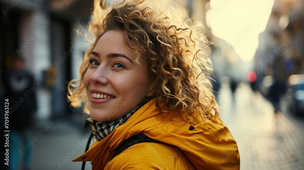 At sunset on a city street, a curly-haired Caucasian woman smiles.