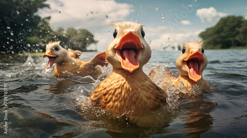 Family of ducks playfully splashed around photo