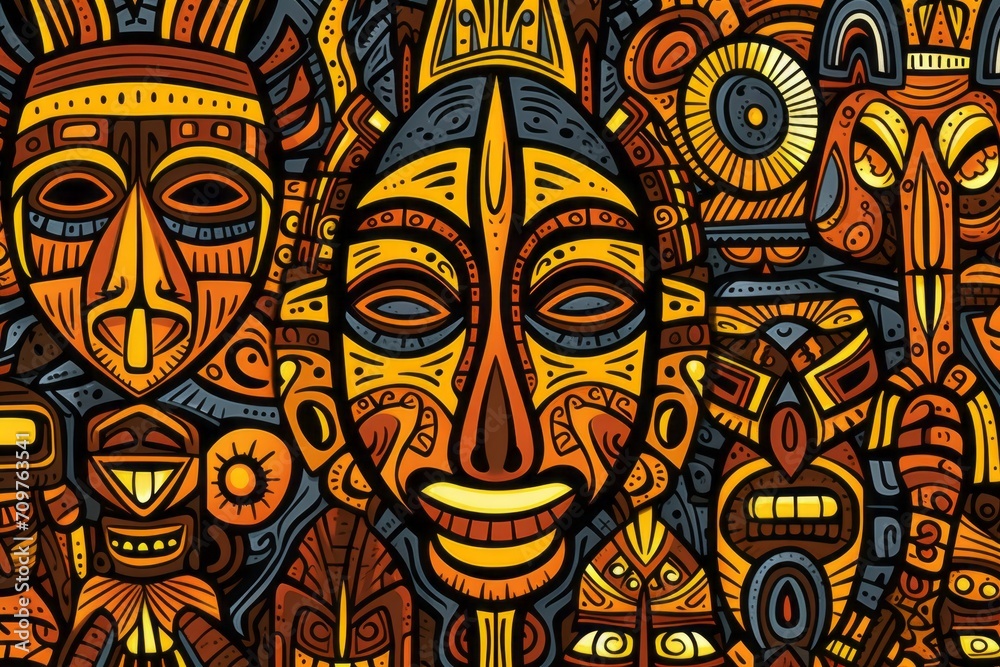 Cartoon cute doodles of traditional African tribal masks, symbols, and patterns forming an artistic and detailed seamless design, Generative AI Cartoon cute doodles of traditional African tribal masks, symbols, and patterns forming an artistic and detailed seamless design, Generative AI