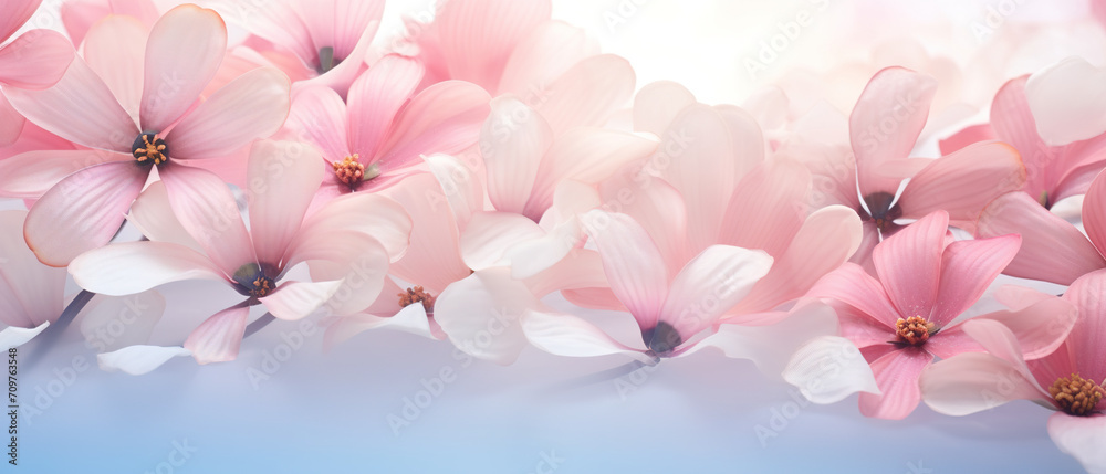 Pastel colored petals of spring, ultra wide, serene, as a perfect background and copy space