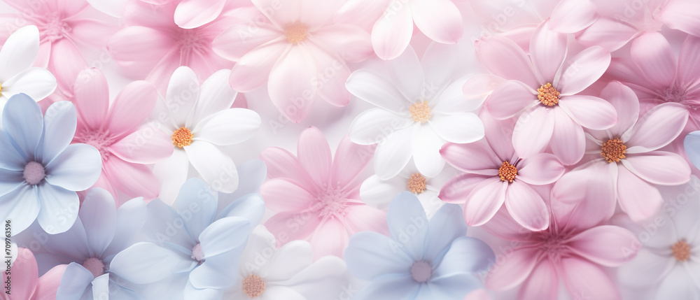 Pastel colored petals of spring, ultra wide, serene, as a perfect background and copy space