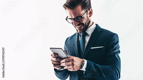 Businessman multitasking with phone and tablet on gray. photo