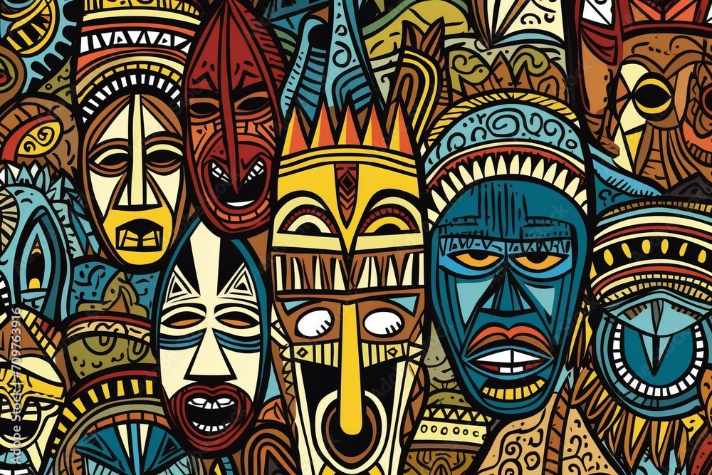 Cartoon cute doodles of traditional African tribal masks, symbols, and patterns forming an artistic and detailed seamless design, Generative AI Cartoon cute doodles of traditional African tribal masks, symbols, and patterns forming an artistic and detailed seamless design, Generative AI