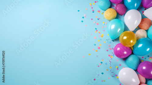 Birthday party supplies on blue background. Top view