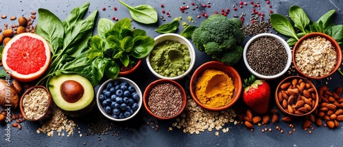Healthy food clean eating selection,fruit, vegetable, seeds, superfood, cereal, leaf vegetable photo