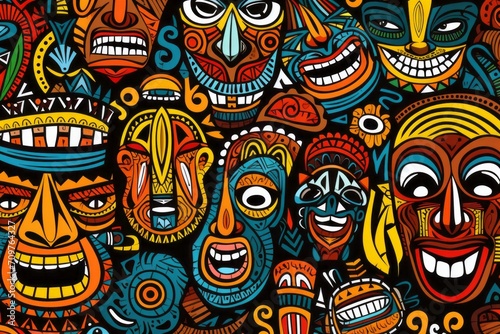 Cartoon cute doodles of traditional African tribal masks  symbols  and patterns forming an artistic and detailed seamless design  Generative AI