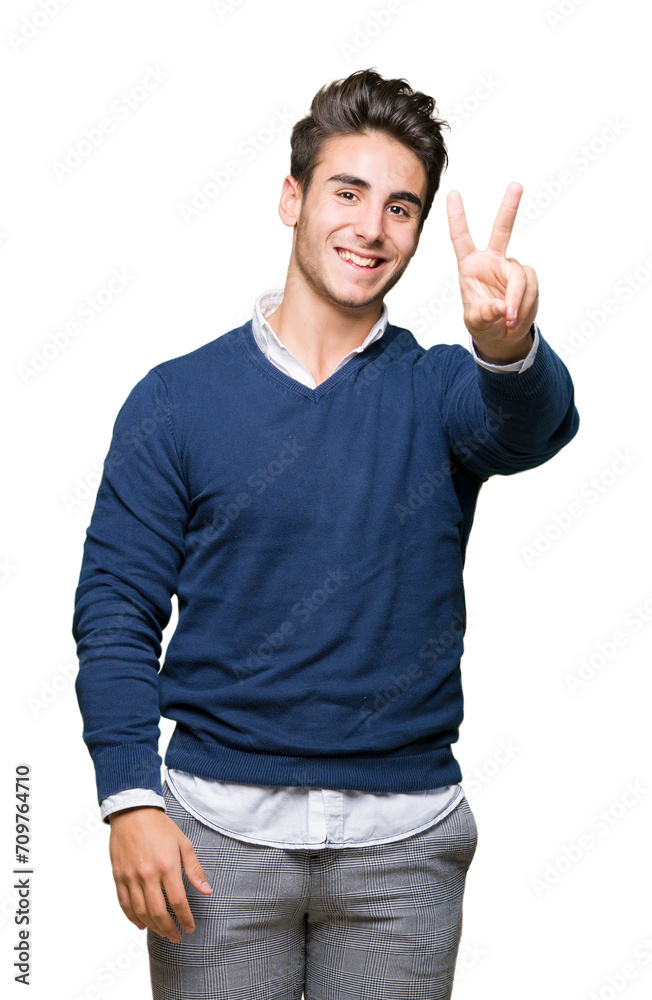 Young handsome business man over isolated background smiling with happy face winking at the camera doing victory sign. Number two. Young handsome business man over isolated background smiling with happy face winking at the camera doing victory sign. Number two.