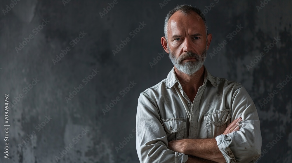 a somber middle-aged man on a grey background with his arms folded. a somber middle-aged man on a grey background with his arms folded.