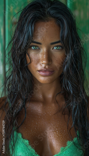 beautiful tanned model in green lingerie