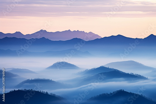 Mountain range with visible silhouettes through the morning colorful fog. Landscape scenic view. Generative AI