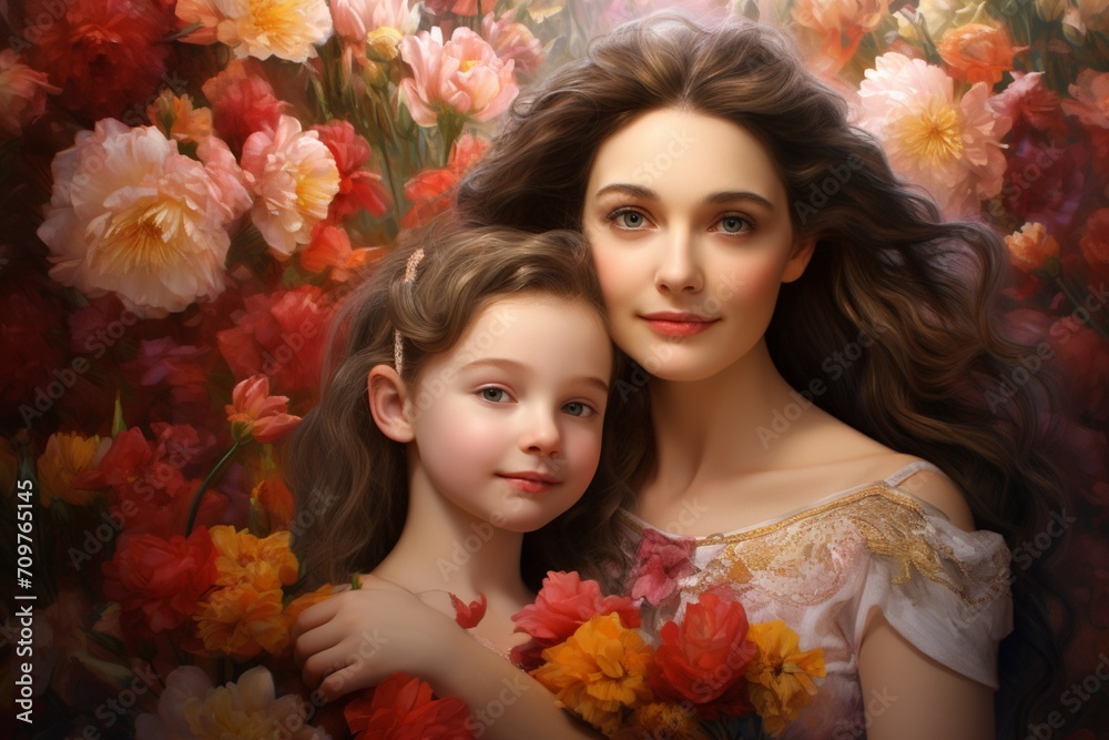 A painting of a mother and daughter surrounded by flowers