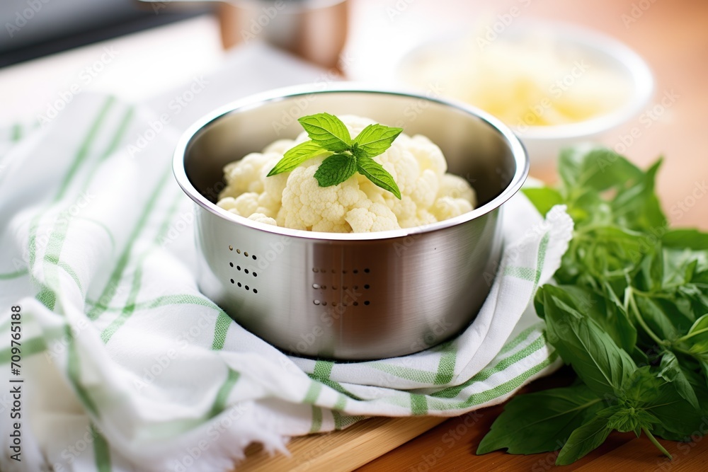 steamed cauliflower in a colander with kitchen towel steamed cauliflower in a colander with kitchen towel