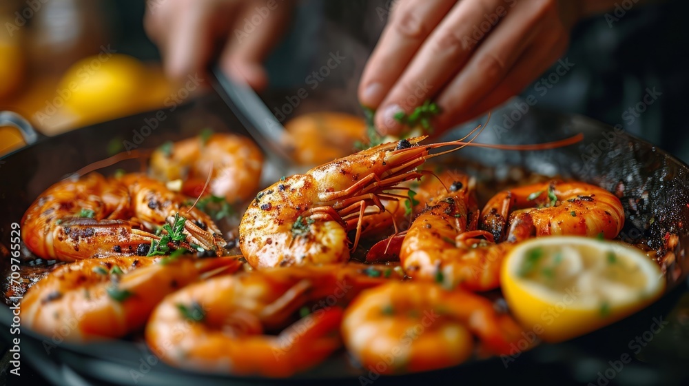 Seafood, Professional cook prepares shrimps with beans.  - obrazy, fototapety, plakaty 