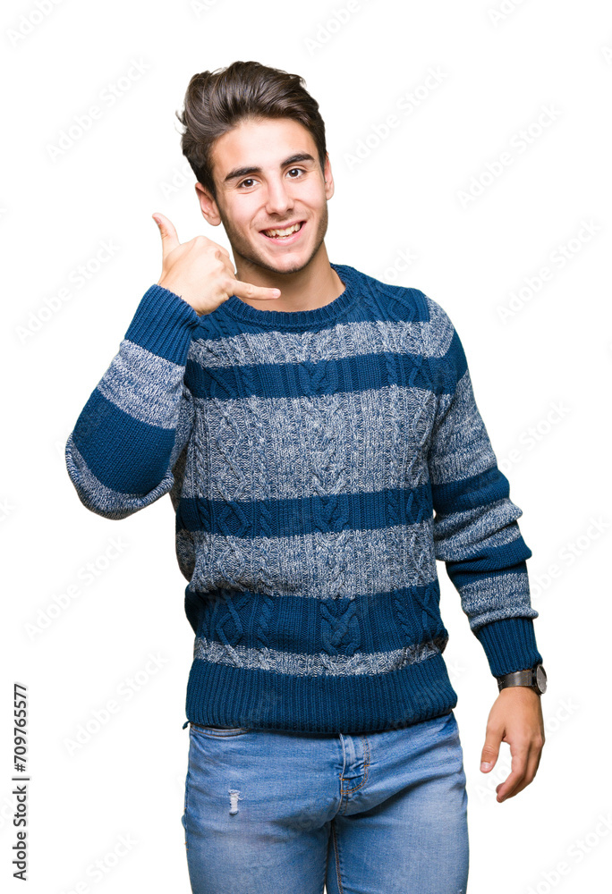 Young handsome man over isolated background smiling doing phone gesture with hand and fingers like talking on the telephone. Communicating concepts. Young handsome man over isolated background smiling doing phone gesture with hand and fingers like talking on the telephone. Communicating concepts.