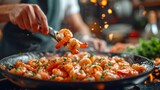Seafood, Professional cook prepares shrimps with beans. 