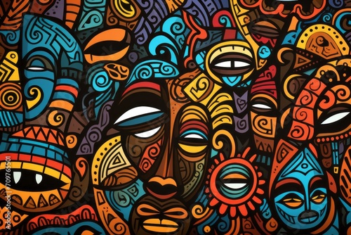 Cartoon cute doodles of traditional African tribal masks, symbols, and patterns forming an artistic and detailed seamless design, Generative AI © Starlight