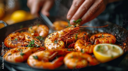 Seafood, Professional cook prepares shrimps with beans.  photo