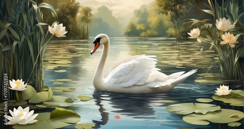 A scene of a graceful swan gliding across a tranquil pond surrounded by elegant reeds and water lilies - Generative AI