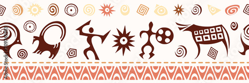 Ethnic seamless border on the theme of rock paintings, vector design, banner 