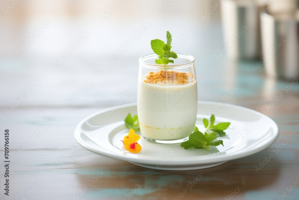 buttermilk panna cotta in glass, mint garnish on top buttermilk panna cotta in glass, mint garnish on top