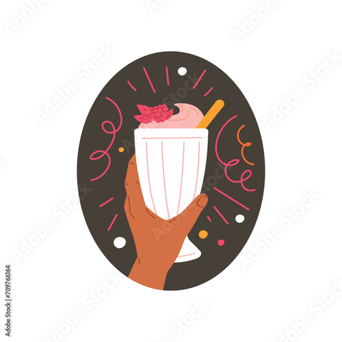 Hand holding glass with fruit smoothie drink, flat vector illustration isolated.