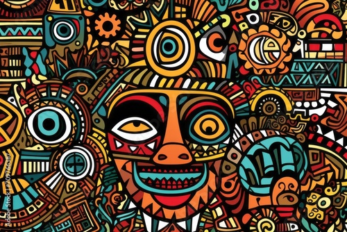 Cartoon cute doodles showcasing traditional African tribal art elements  intricately arranged to form a detailed and symbolic seamless design  Generative AI