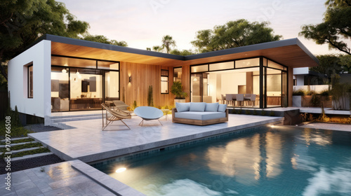 Wallpaper Mural Tropical villa view with garden, swimming pool and open living room at sunset. Torontodigital.ca