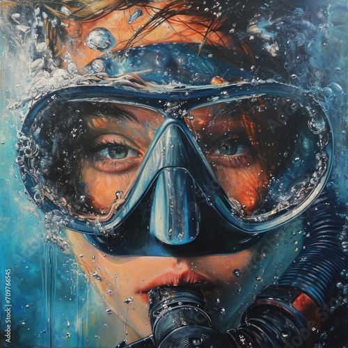 Woman swimming underwater wearing a mask with an oxygen tube