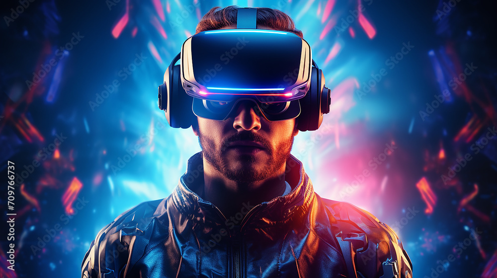 futuristic neon background. visualization of a man wearing virtual reality glasses, electronic head device. User interface 3d render futuristic neon background. visualization of a man wearing virtual reality glasses, electronic head device. User interface 3d render