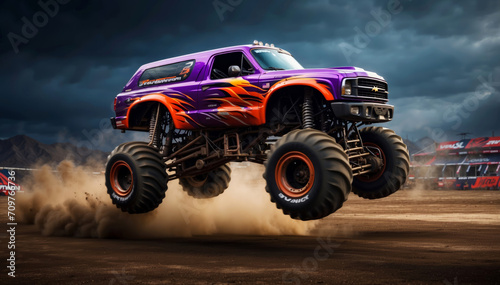 A monster truck jumps into the air photo
