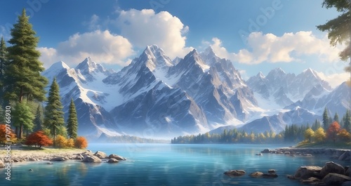 A scene of a majestic mountain range towering above a tranquil sea, with snow-capped peaks, serene waters, and a scattering of trees along the shoreline - Generative AI © Huzaifa