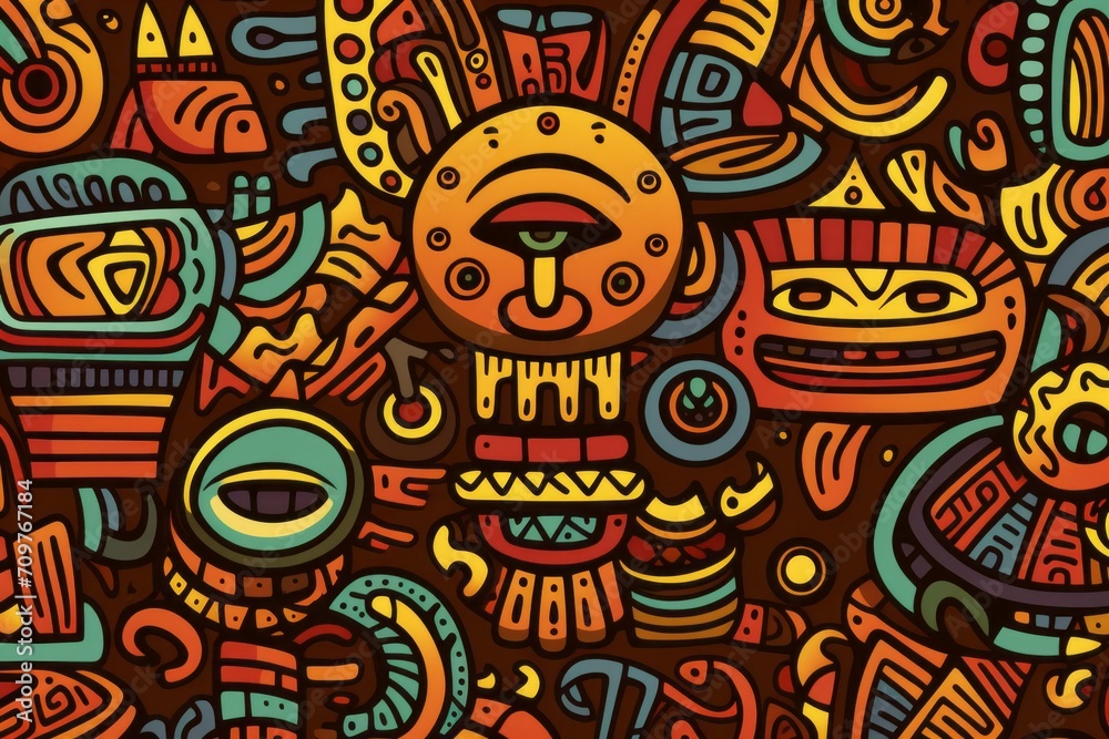Cartoon cute doodles showcasing traditional African tribal art elements, seamlessly integrated into a detailed and culturally rich seamless design, Generative AI