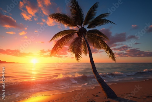 A palm tree on the beach during sunset