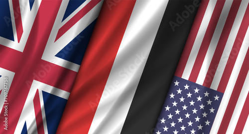 Wavy flags of Great Britain, Yemen and USA. Political banner.