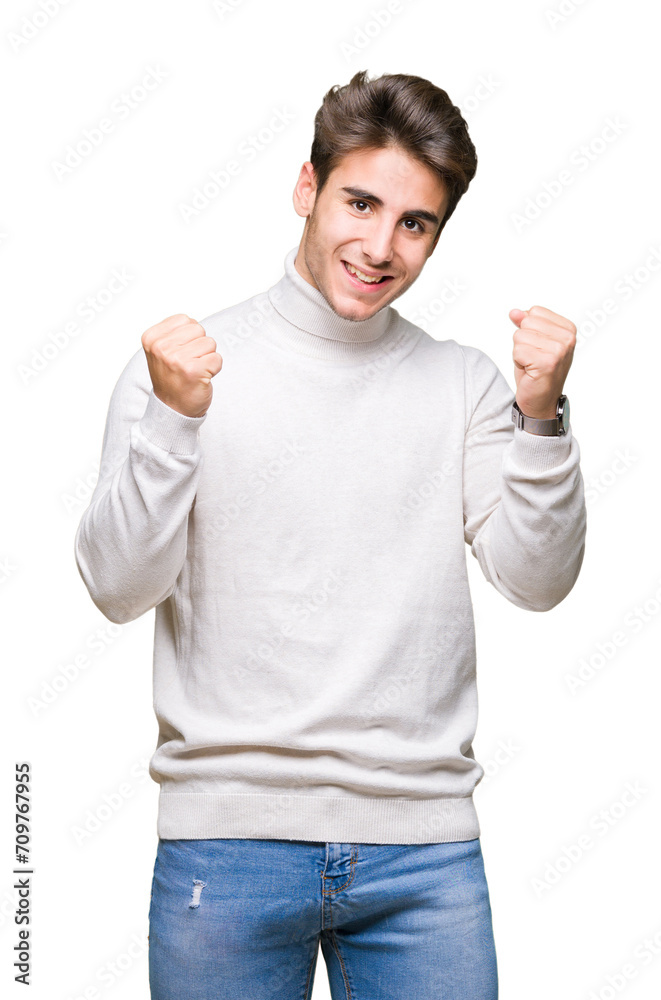 Young handsome man wearing turtleneck sweater over isolated background celebrating surprised and amazed for success with arms raised and open eyes. Winner concept. Young handsome man wearing turtleneck sweater over isolated background celebrating surprised and amazed for success with arms raised and open eyes. Winner concept.